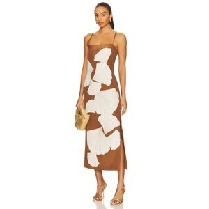 Veronica Beard Petra Dress Whisky Brown Floral Ginkgo Leaf Midi Slip Dress 6